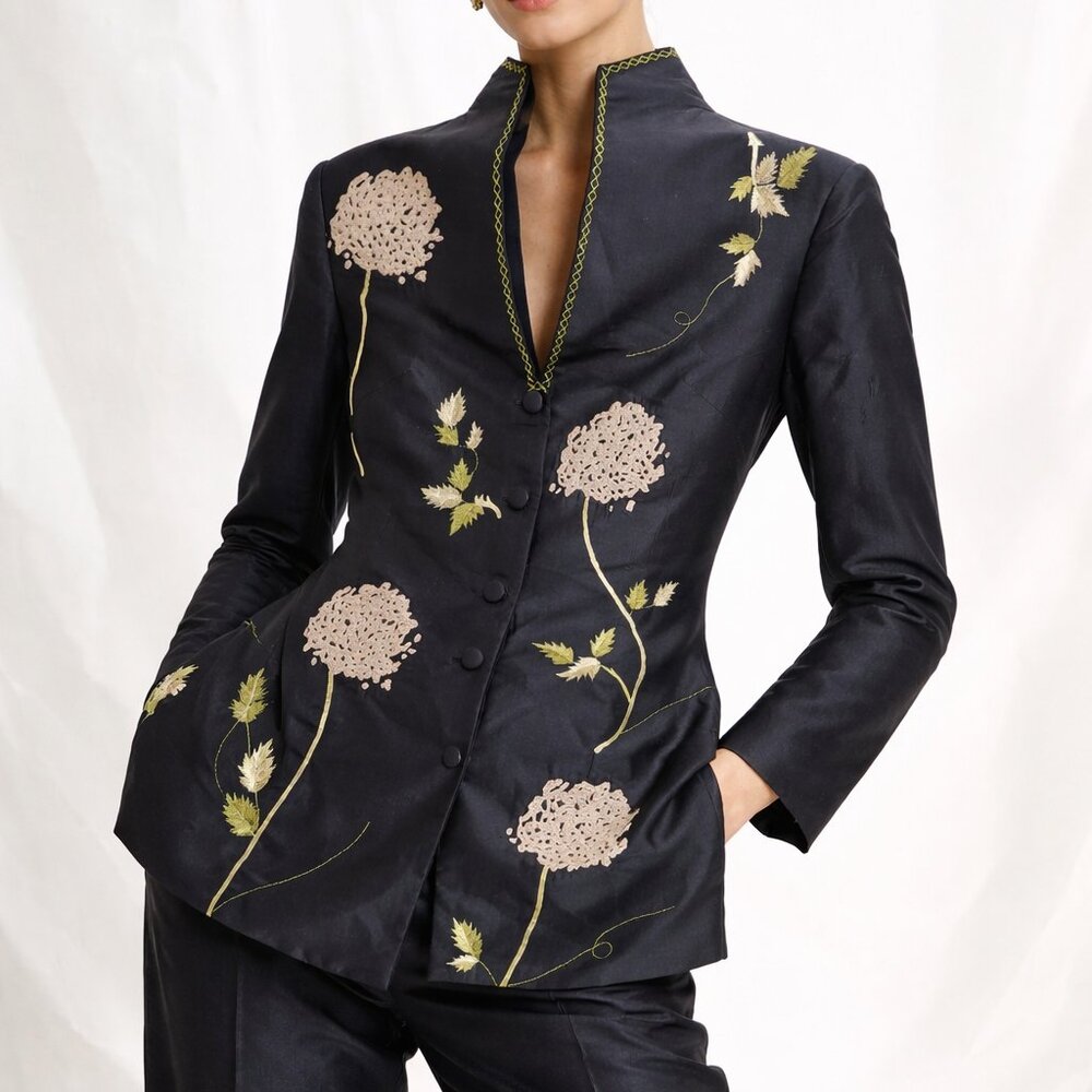 Yaly Couture Embroidered Jacket Silk Blend Chinoiserie Floral Coat Asian Style S